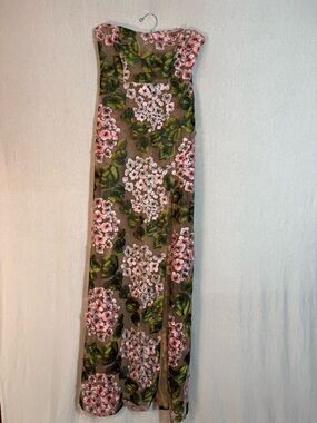 Nova Luxe XS Sheer Strapless embroidered Floral Maxi Dress in Pink & Green